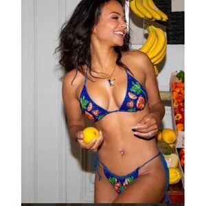 Oceanus x Christina mulata Milian Blue Beaded Fruit Triangle Bikini Top Small